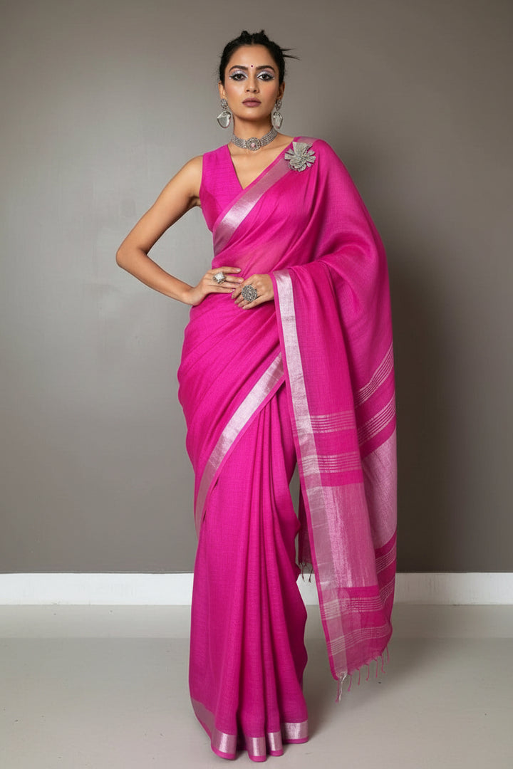Pink Lumina Pure Handwoven Linen Saree