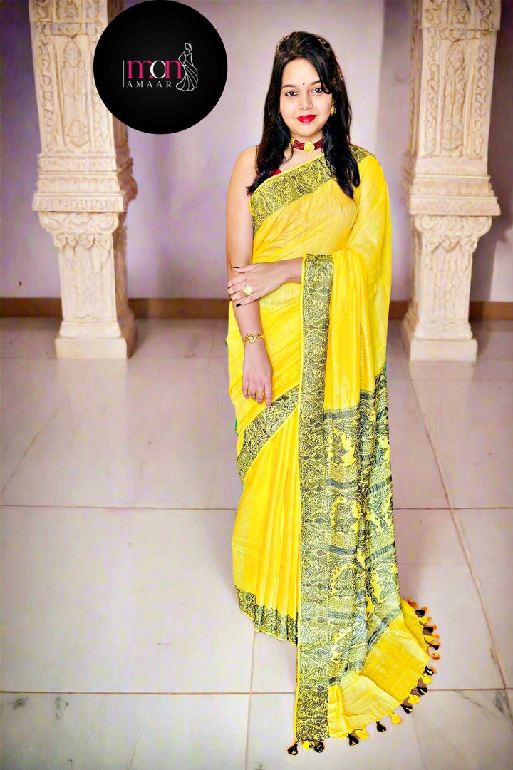 Sun Rays-Pure Handwoven Cotton Linen Saree