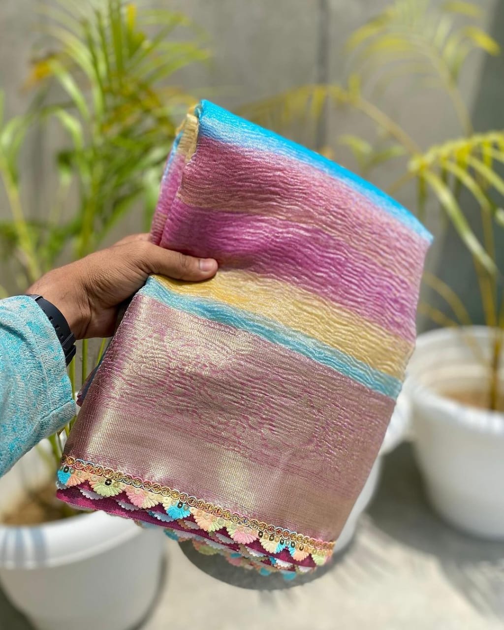 Rainbow Banarasi Crushed Tissue Soft Silk Saree(sequin edition)