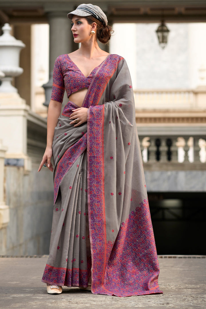 Rises The Moon Cotton Linen Saree