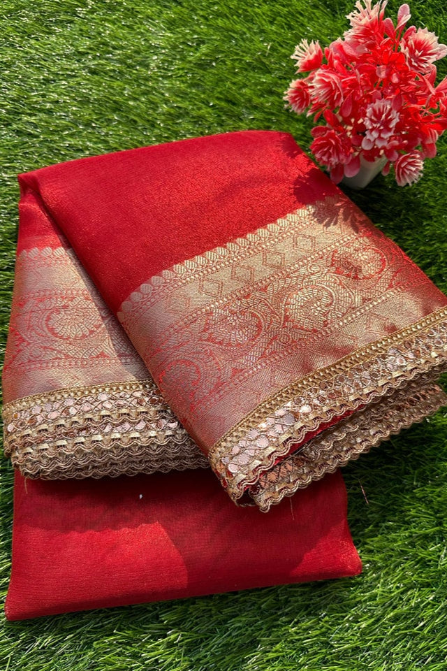 September Song Banarasi Tissue Katan Red Silk Saree