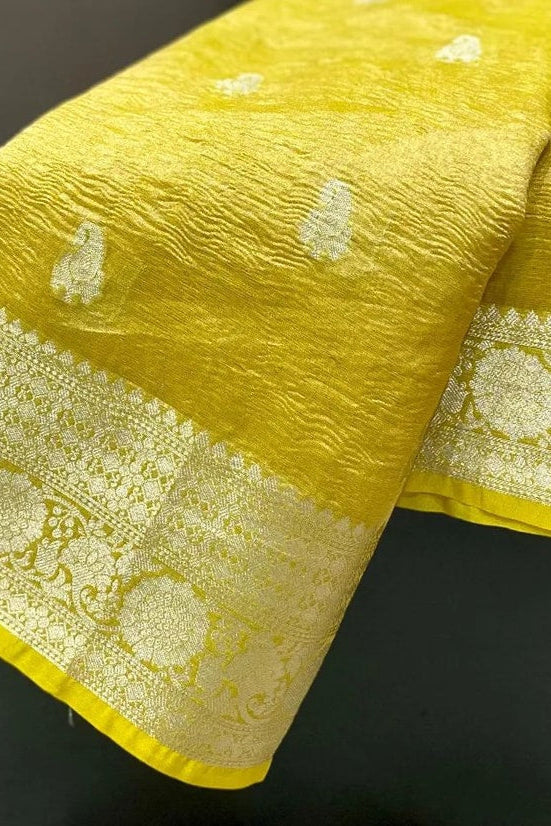 Wildwood Flower Banarasi Tissue Yellow Katan Silk Saree