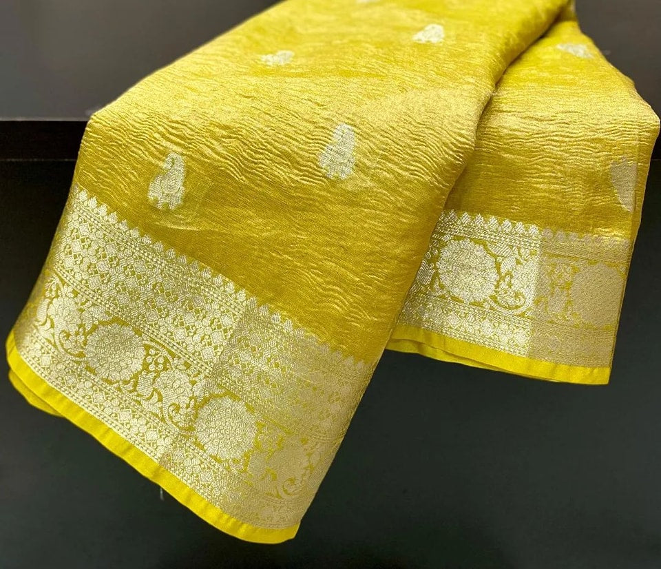 Wildwood Flower Banarasi Tissue Yellow Katan Silk Saree