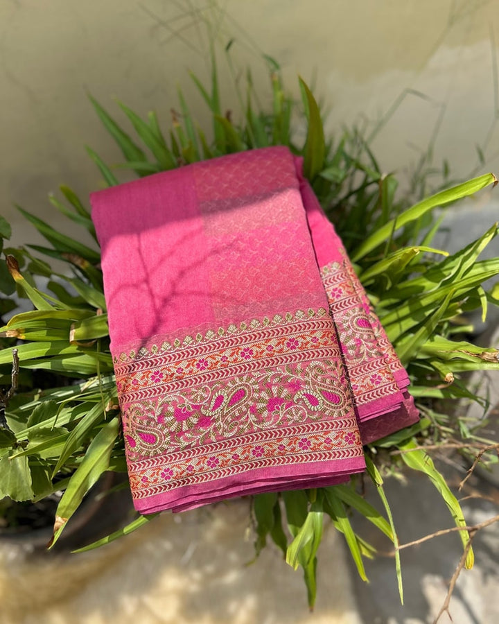 Chasing Victory Banarasi Semi Georgette Pink Silk Saree