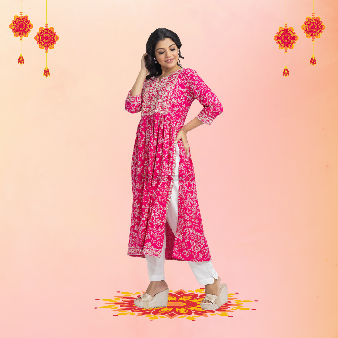 Pink Naira Cut Kurti Pant Set