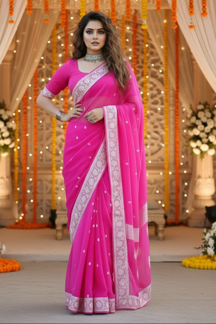 Khaddi Chiffon Handloom Banarasi(Rani Wala Pink)