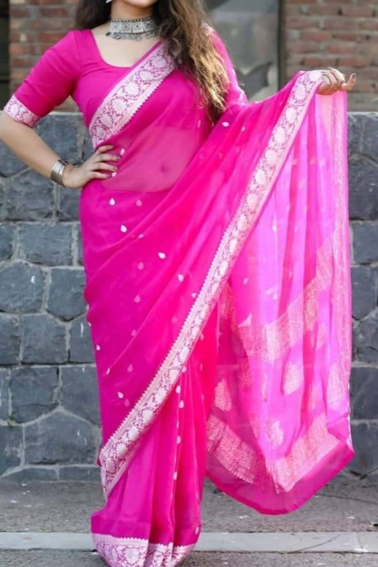 Khaddi Chiffon Handloom Banarasi(Rani Wala Pink)