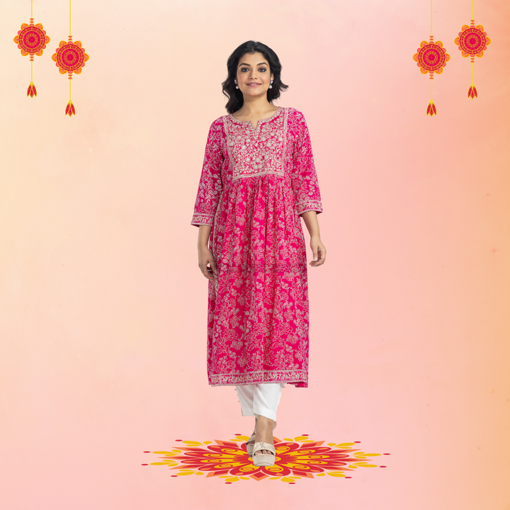 Pink Naira Cut Kurti Pant Set