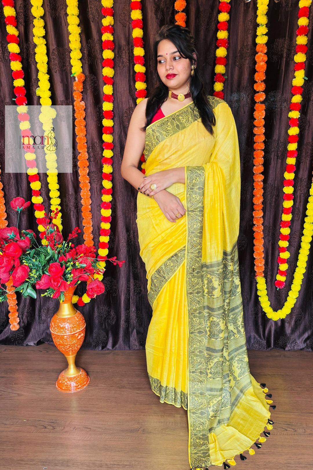 Sun Rays-Pure Handwoven Cotton Linen Saree