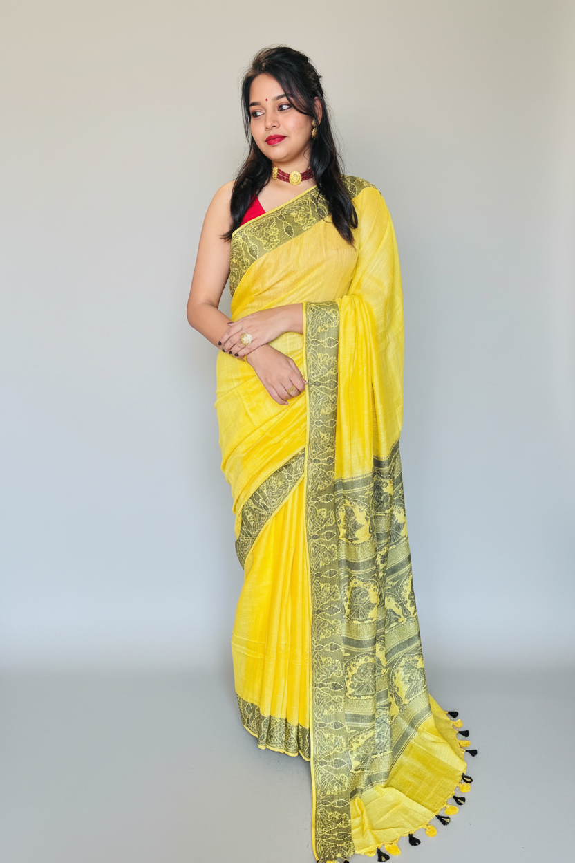 Sun Rays-Pure Handwoven Cotton Linen Saree