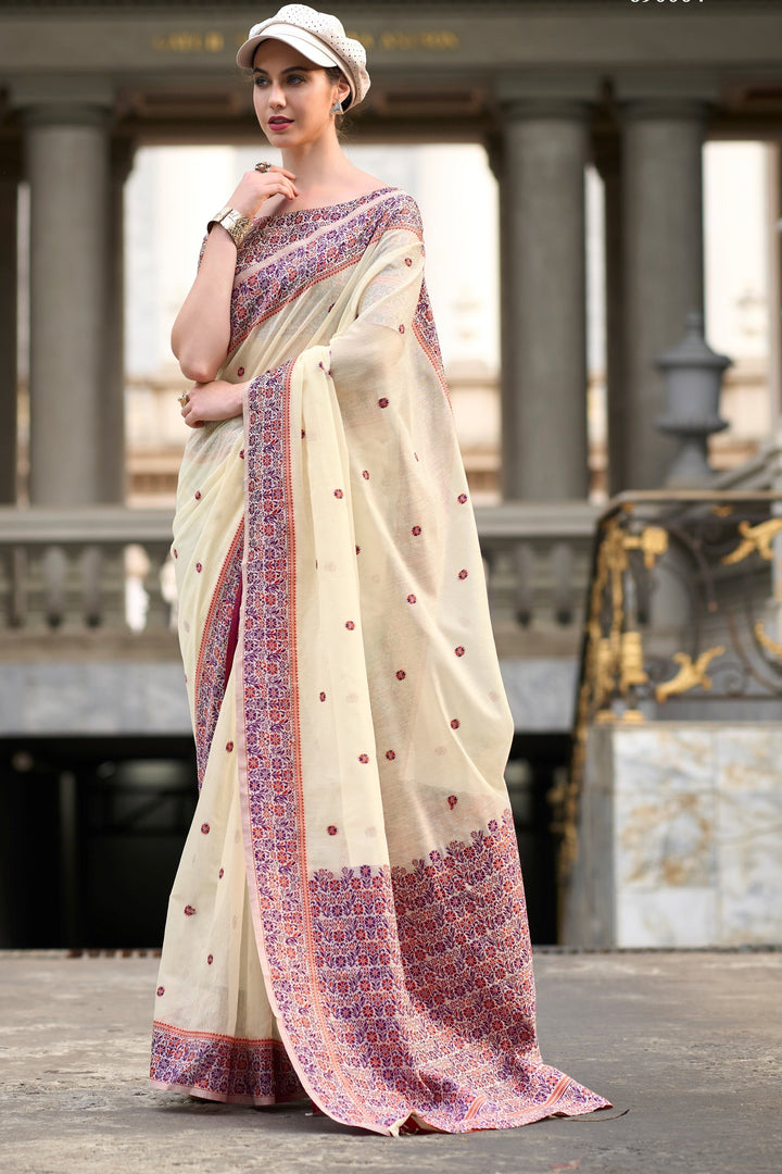 Rises The Moon Cotton Linen Saree