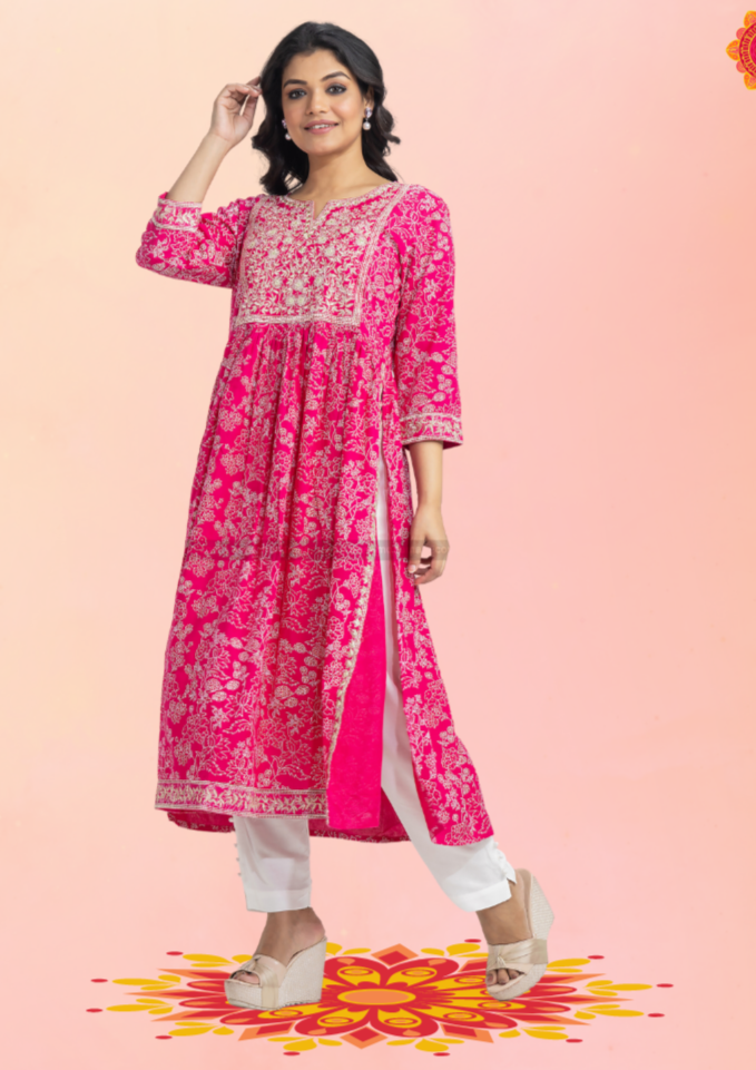 Pink Naira Cut Kurti Pant Set