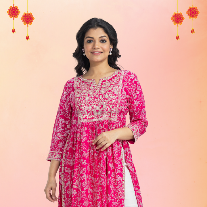 Pink Naira Cut Kurti Pant Set