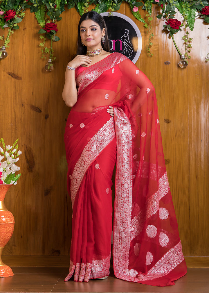 Embrace Of Khaddi Chiffon Banarasi (Possession Of Red)Saree