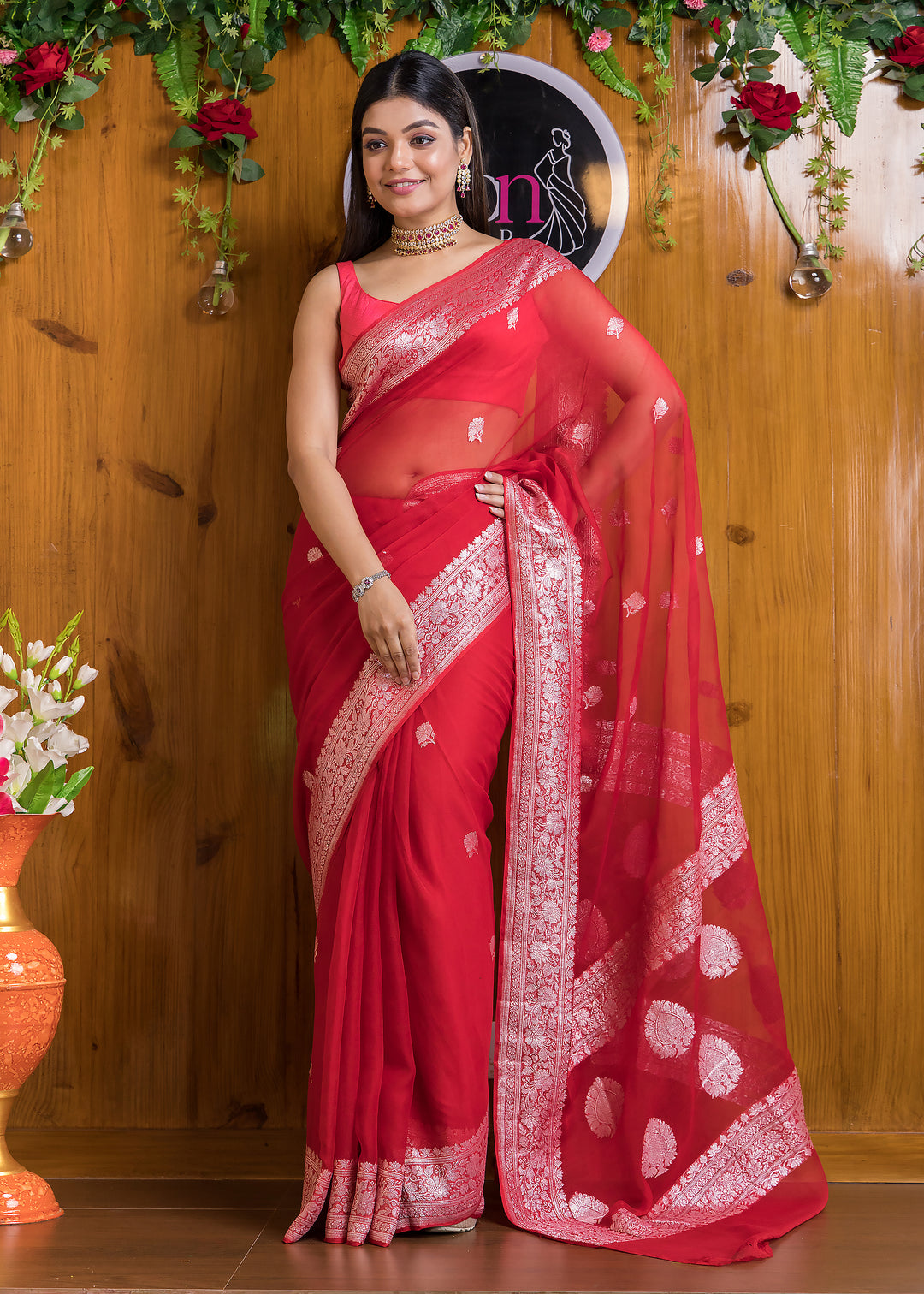 Embrace Of Khaddi Chiffon Banarasi (Possession Of Red)Saree