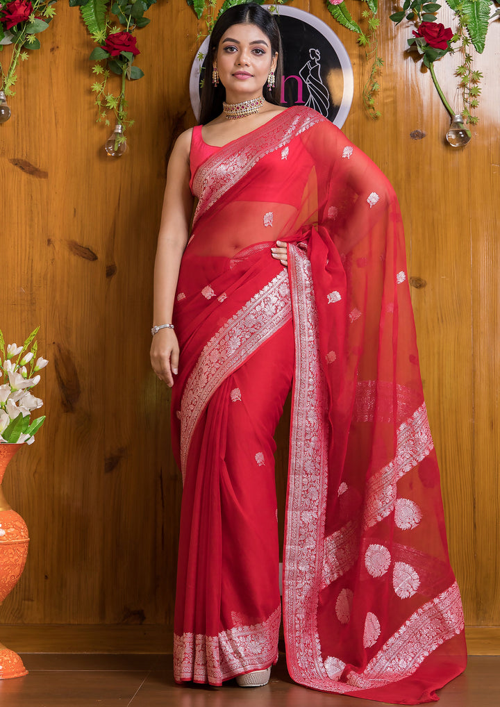 Embrace Of Khaddi Chiffon Banarasi (Possession Of Red)Saree