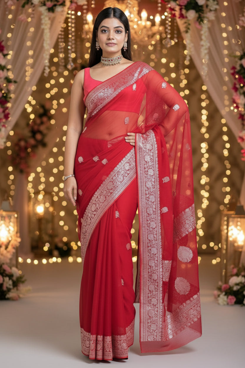 Embrace Of Khaddi Chiffon Banarasi Saree (Possession Of Red)