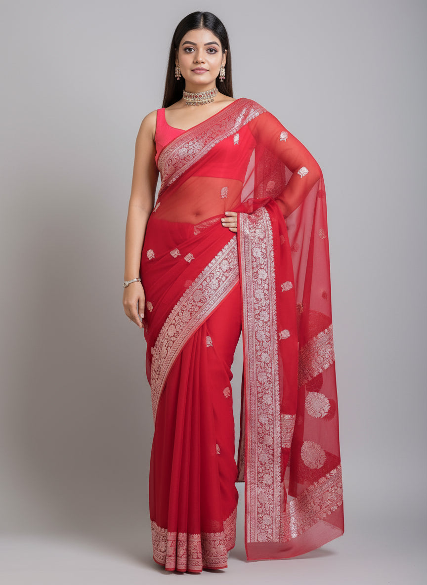 Embrace Of Khaddi Chiffon Banarasi Saree (Possession Of Red)