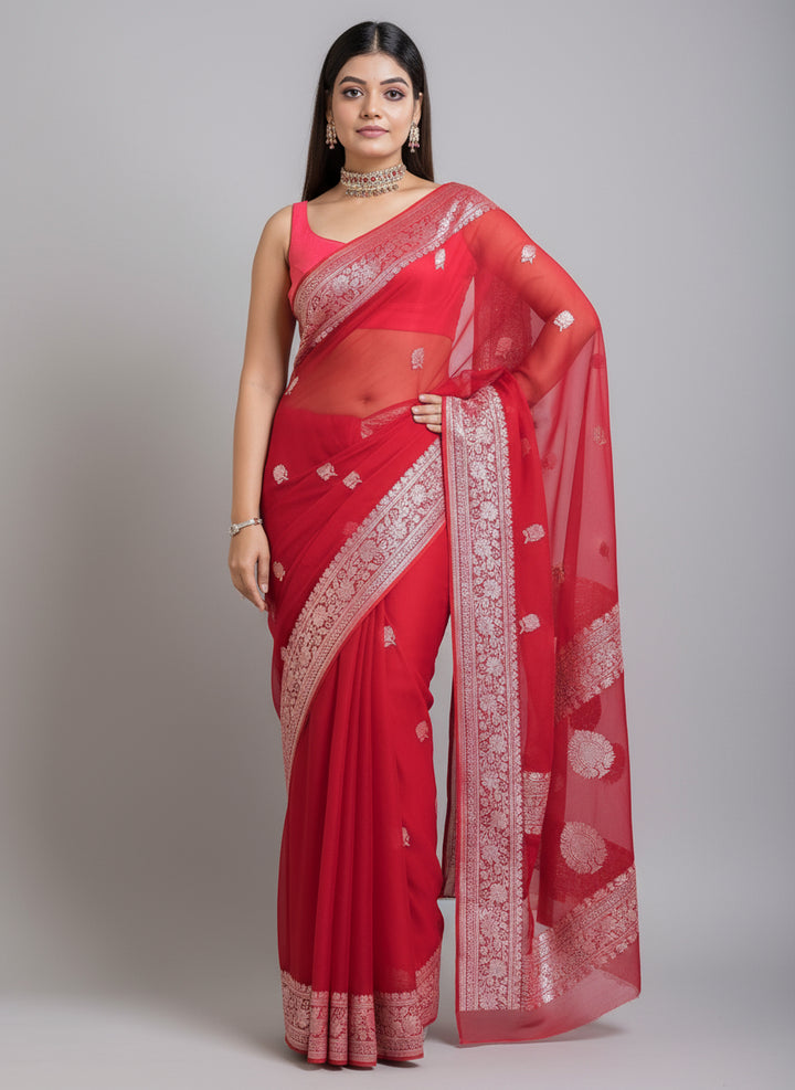 Embrace Of Khaddi Chiffon Banarasi Saree (Possession Of Red)