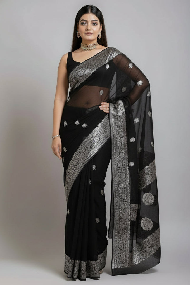 Black Ruby Khaddi Chiffon Banarasi Saree