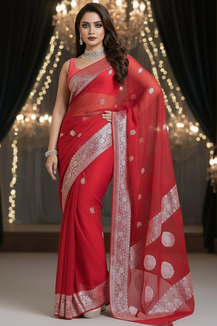 Embrace Of Khaddi Chiffon Banarasi Saree (Possession Of Red)