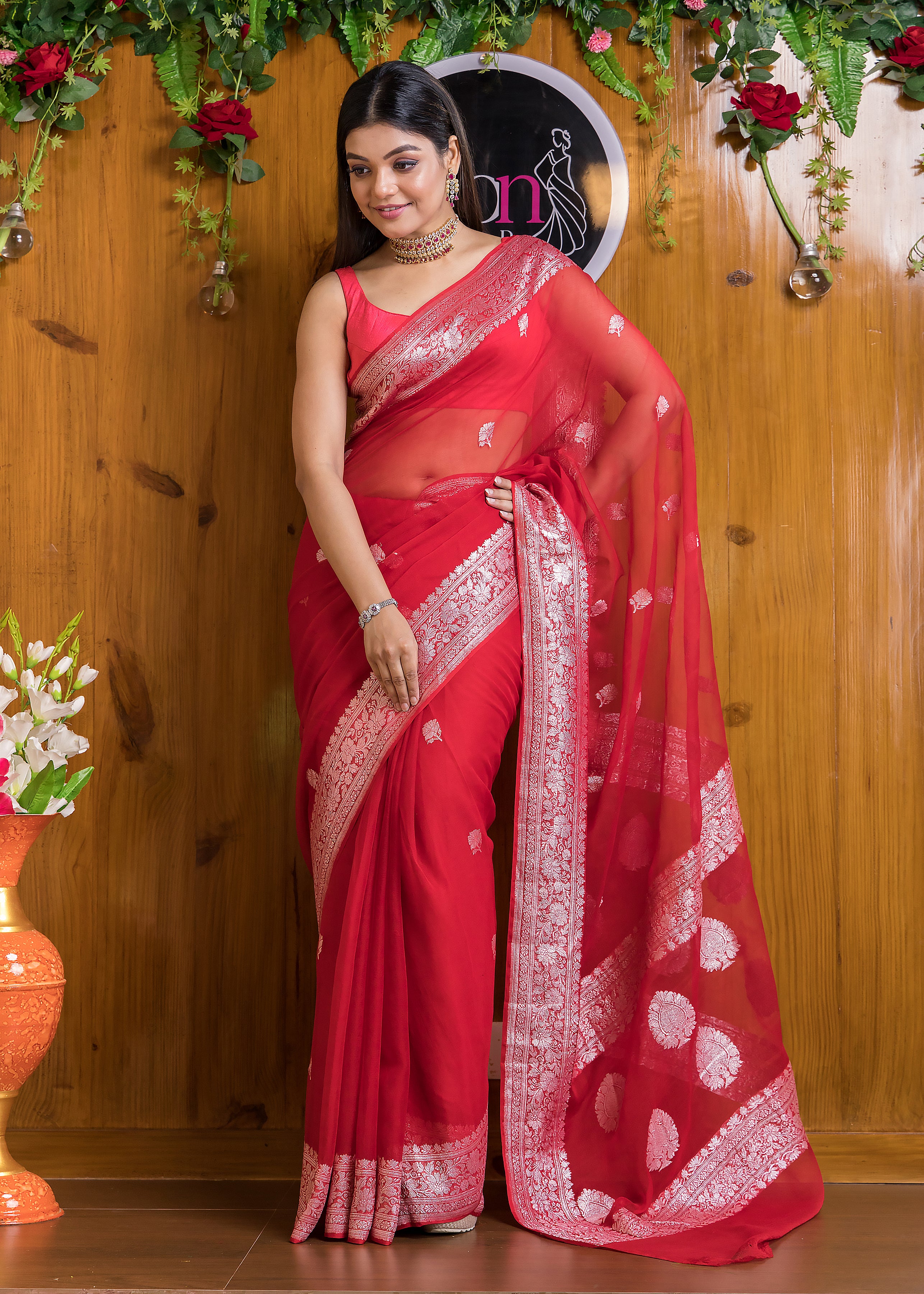 Bandhej Printed Chiffon Saree in Red : SSF16690