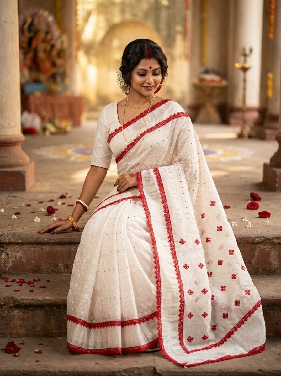 অনন্যা Bengal Jamdani Saree (White& red)