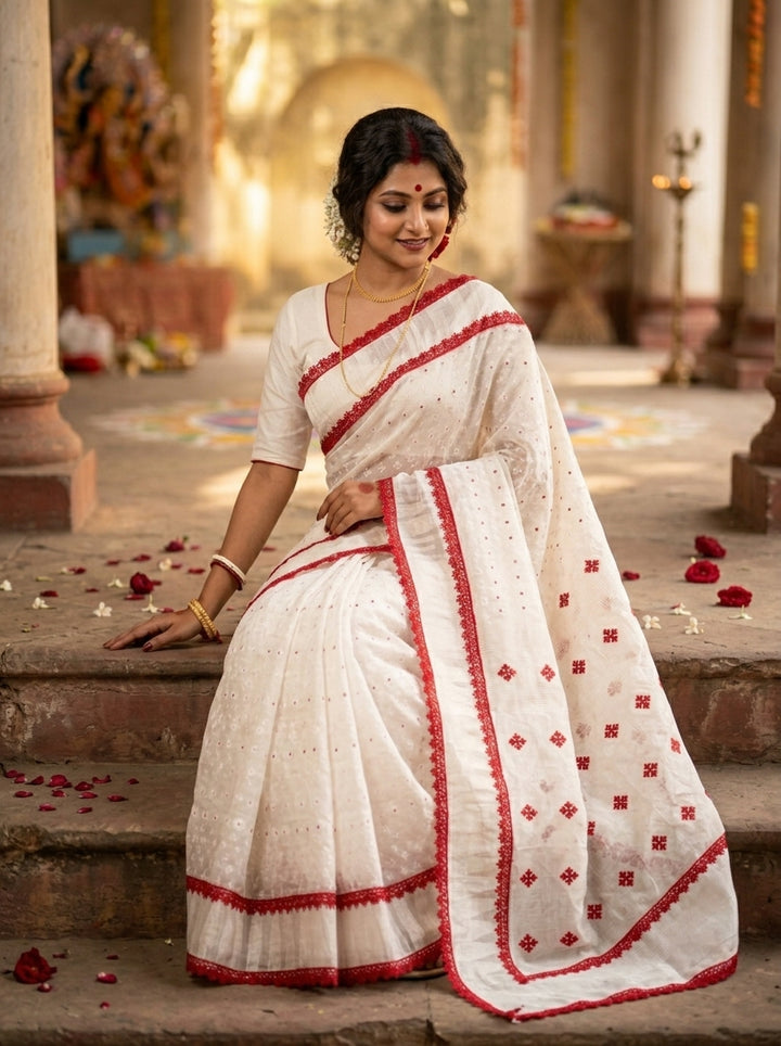 অনন্যা Bengal Jamdani Saree (White& red)