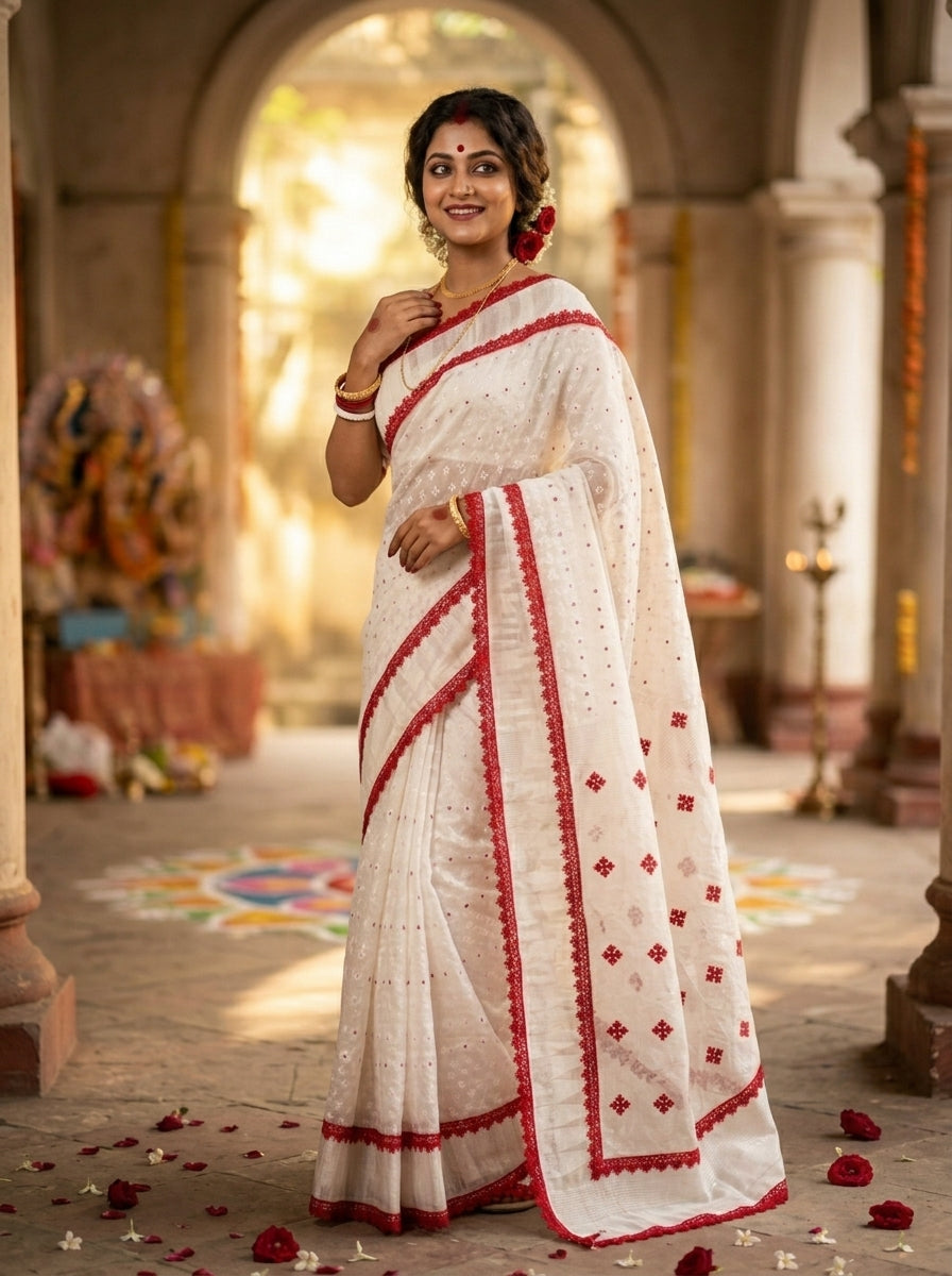 অনন্যা Bengal Jamdani Saree (White& red)