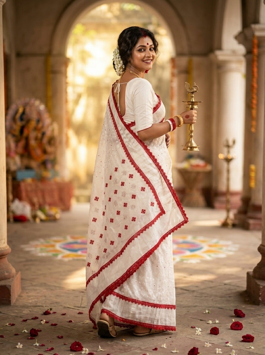 অনন্যা Bengal Jamdani Saree (White& red)