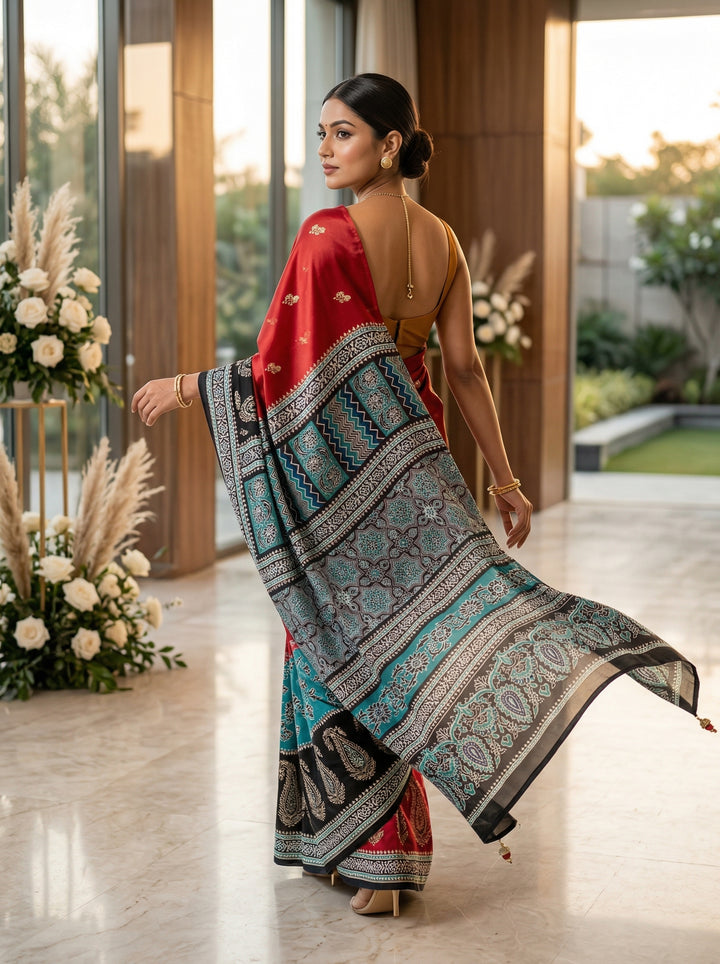 Emerald Glow Satin Dola Silk Saree