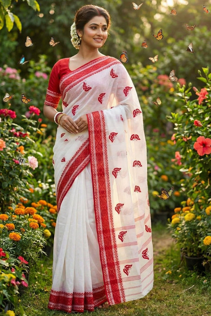 Ashtami Tangail Tant Cotton Saree(Butterfly Embroidery)
