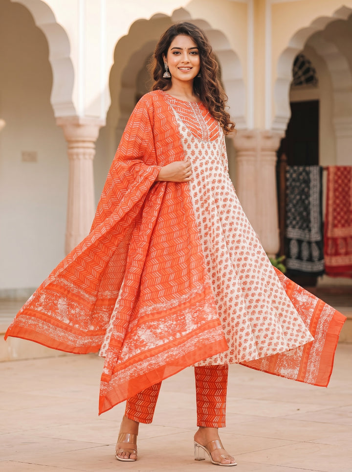 Orange White New Jaipuri Kurti Set