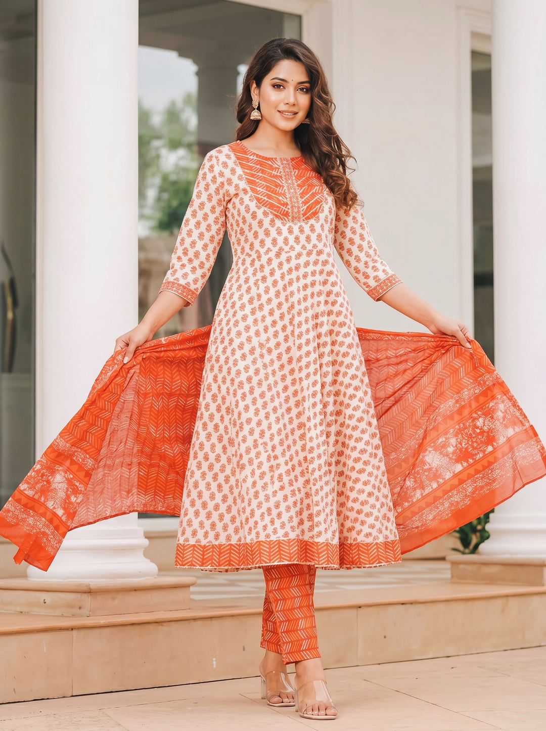 Orange White New Jaipuri Kurti Set