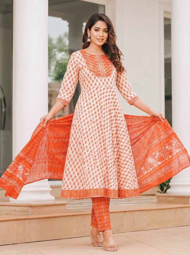 Orange White New Jaipuri Kurti Set