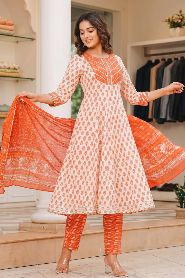 Orange White New Jaipuri Kurti Set