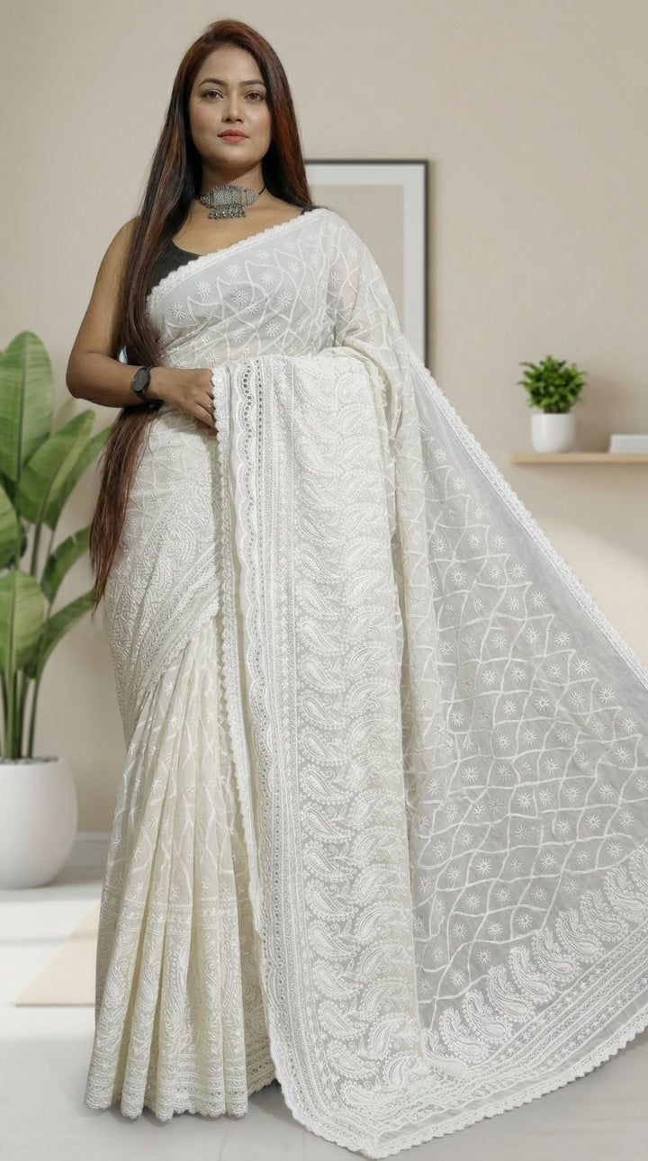 Subhrosree Chikankari Hakoba Saree