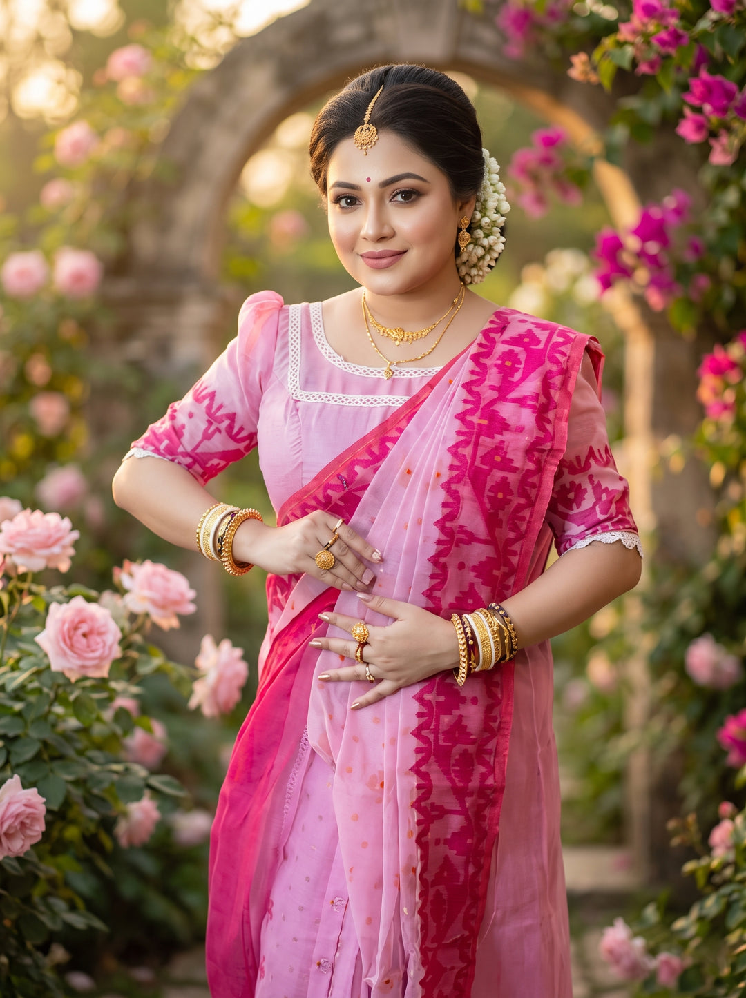Golapi Golpo Bengal Jamdani Saree With Blouse (Combo)