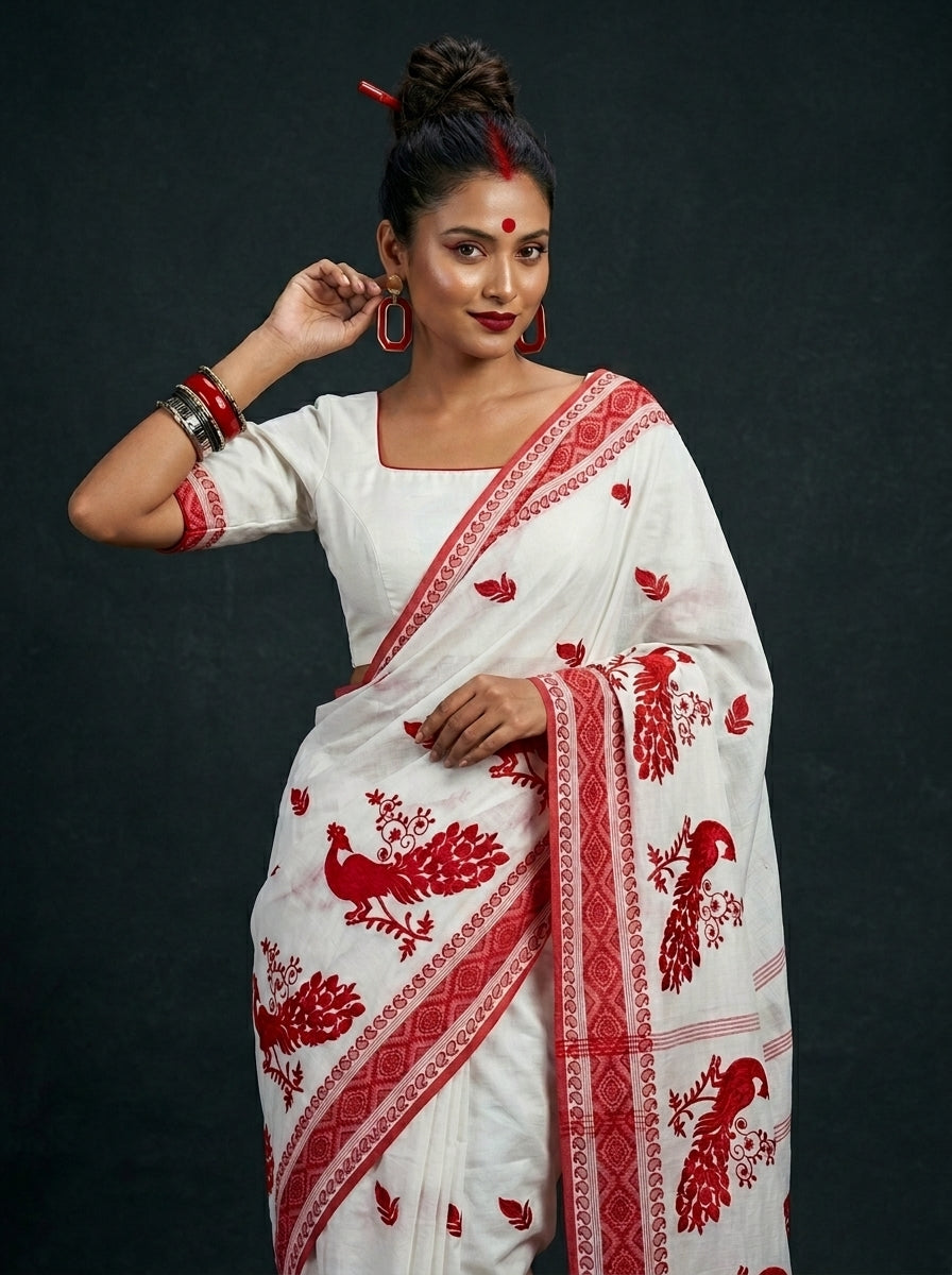 Ashtami Tangail Tant Cotton Saree(Peacock Embroidery)