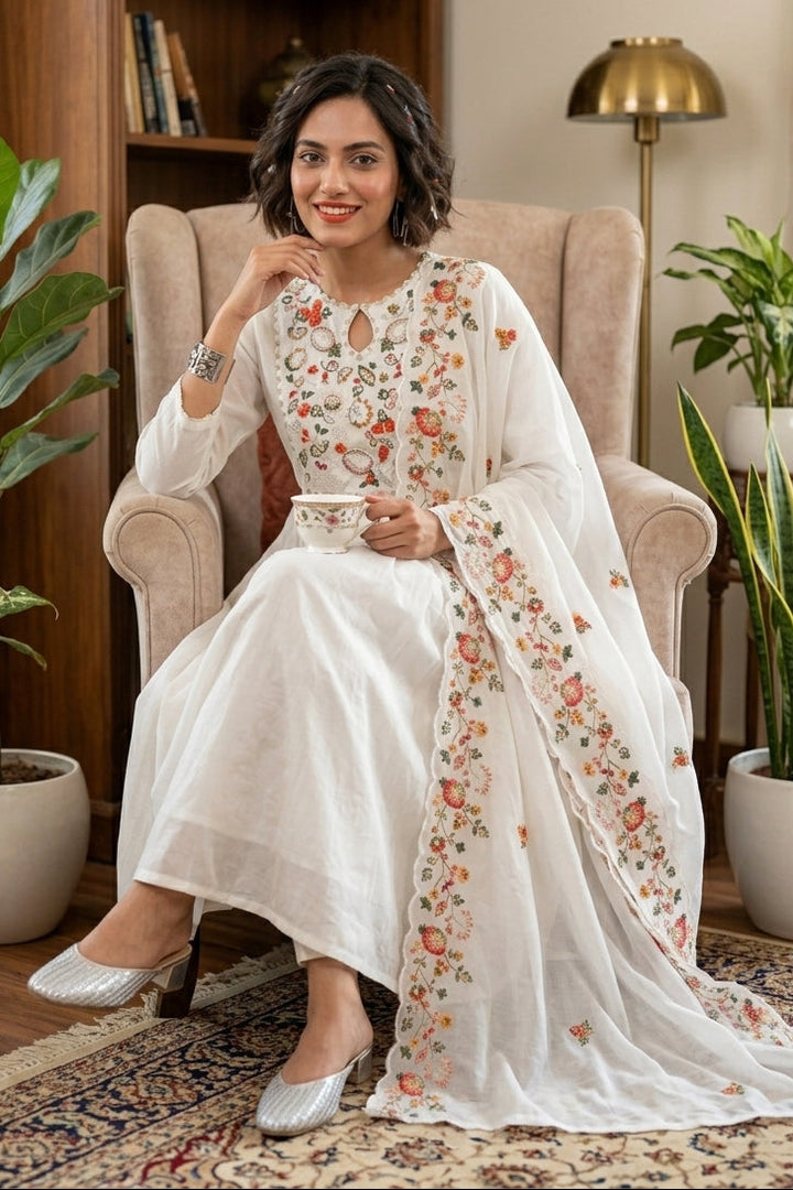 Spring Bloom Cotton Kurti Set( White)