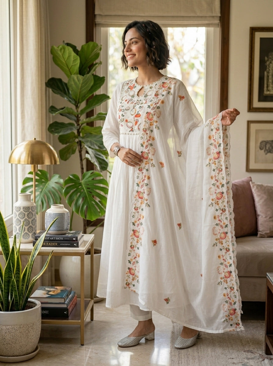 Spring Bloom Cotton Kurti Set( White)