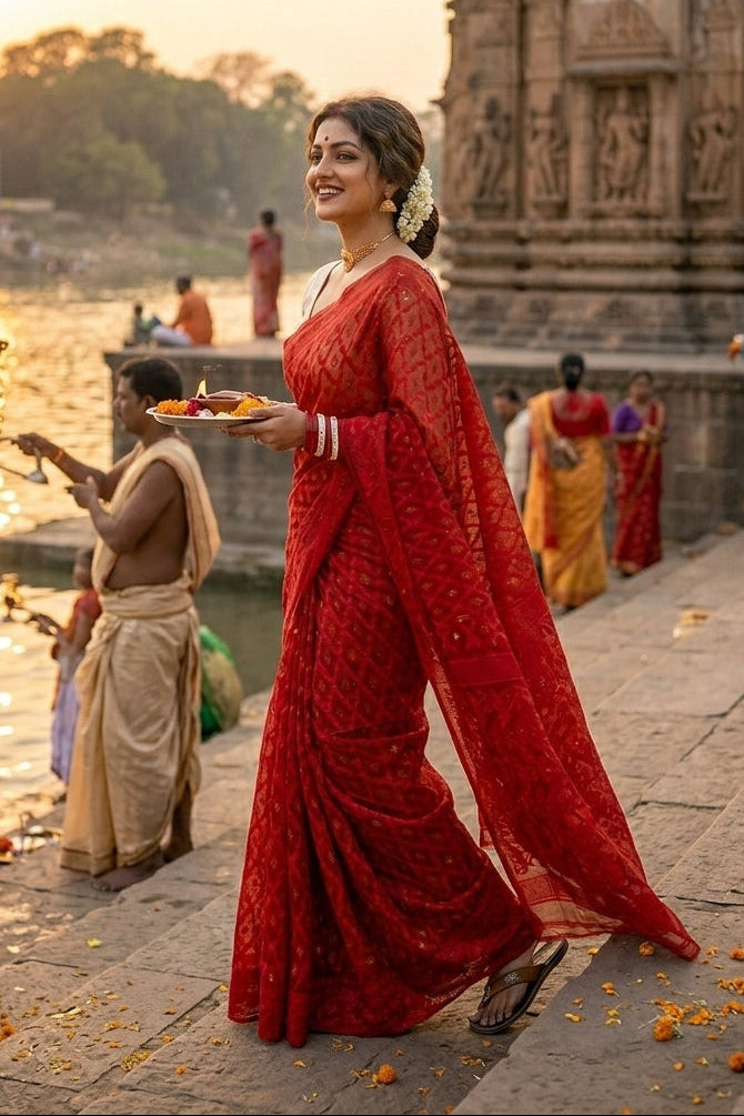 Neel Komol ( নীল কমল )Bengal Jamdani Saree ( Red)