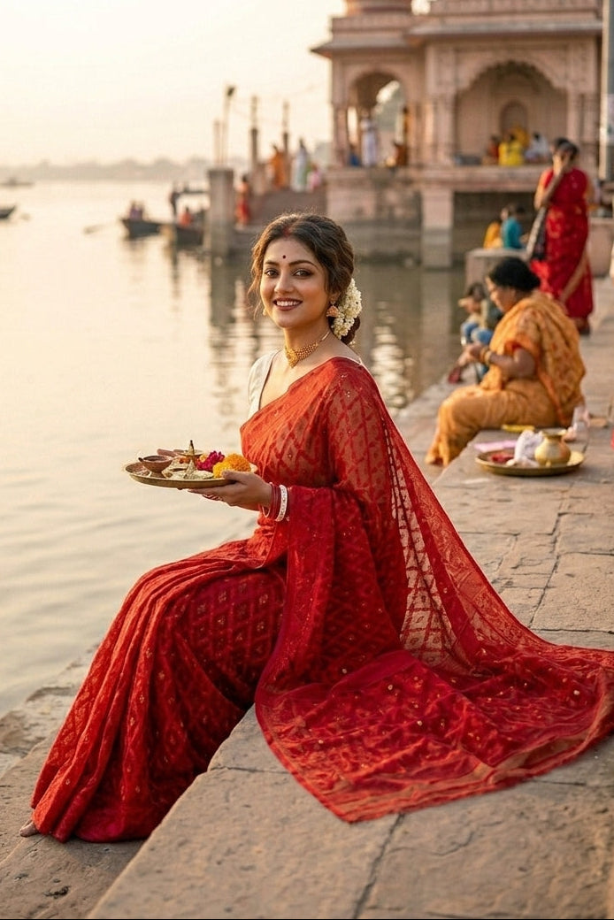 Neel Komol ( নীল কমল )Bengal Jamdani Saree ( Red)