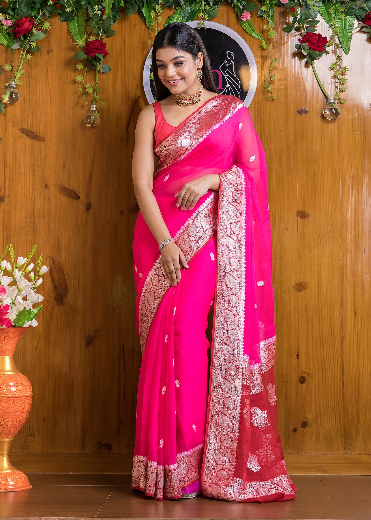 Buy HOUSE OF BEGUM Pink Banarasi Handloom Satin Silk Saree With Embroidery  Work with Blouse Piece | Shoppers Stop