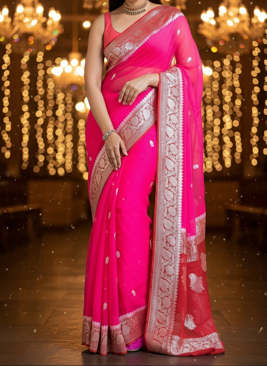 Razzmatazz Pink Khaddi Chiffon Banarasi saree