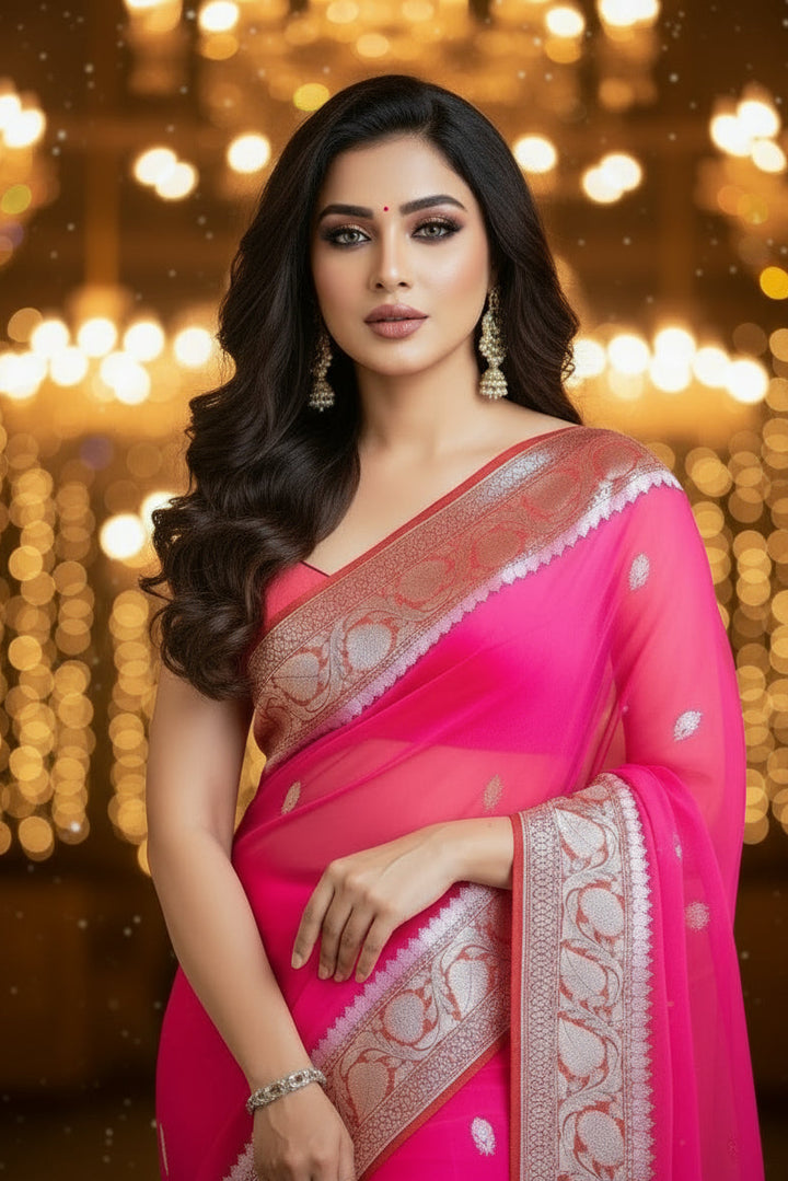 Razzmatazz Pink Khaddi Chiffon Banarasi saree