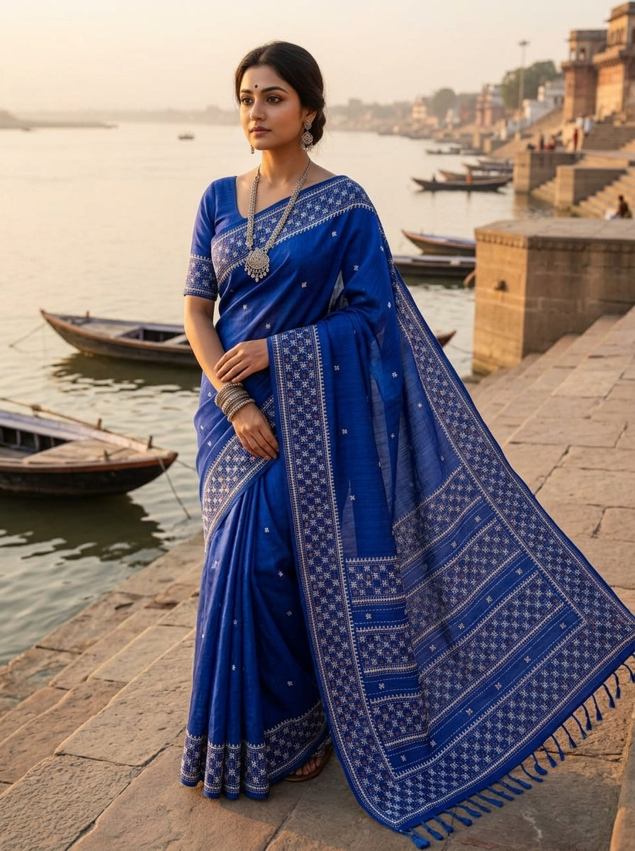 Ruprekha Semi Matka Silk Gujarati Print Kantha Border Saree