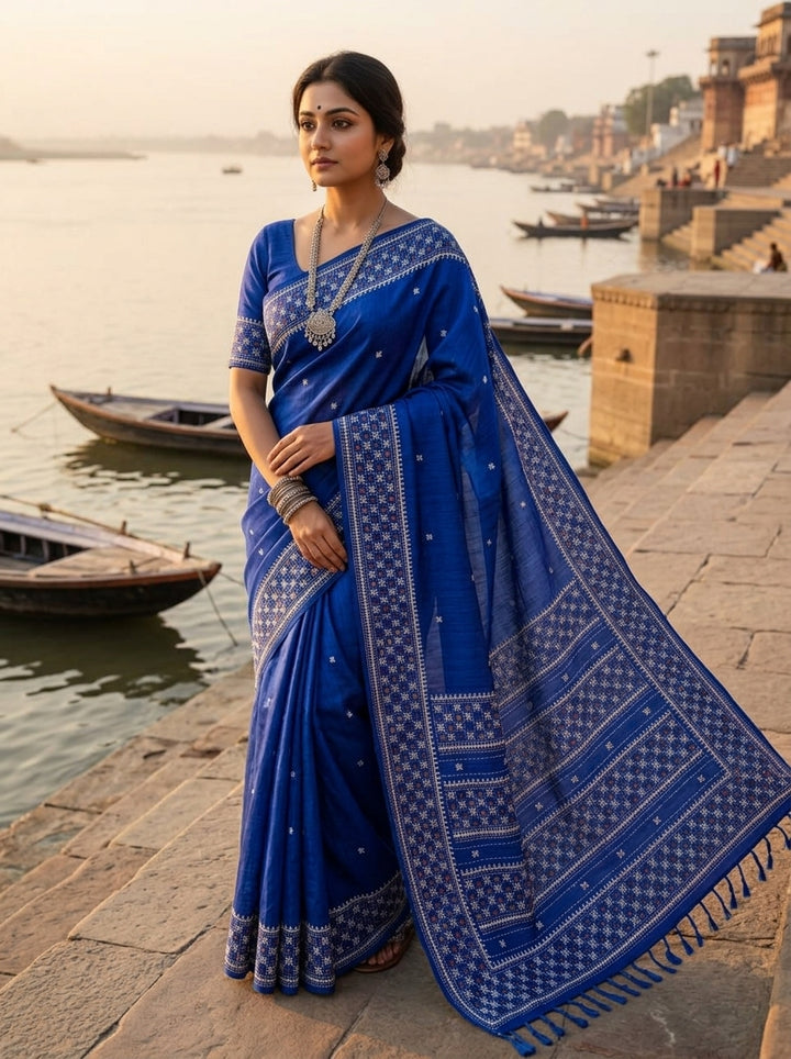 Ruprekha Semi Matka Silk Gujarati Print Kantha Border Saree