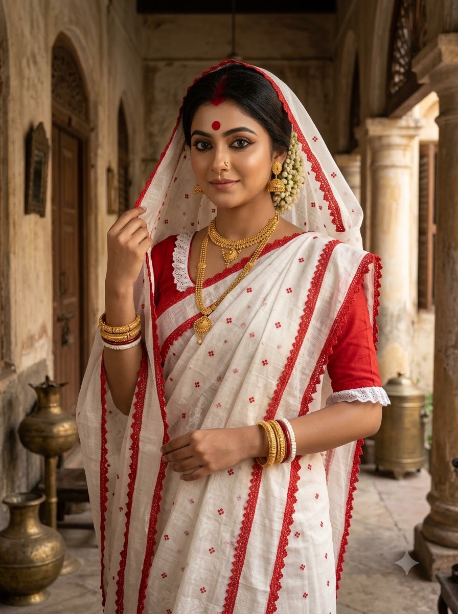 অনন্যা Ananya Bengal Jamdani Saree (White& Red)