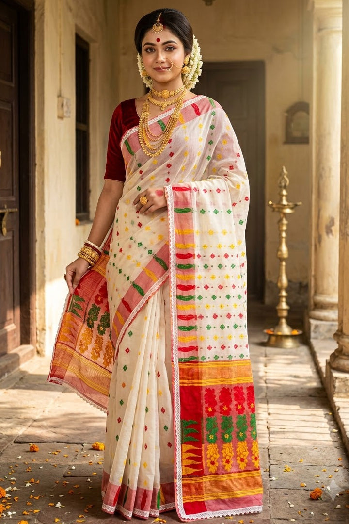 Binodini Bengal Jamdani Saree (White, Red Border)